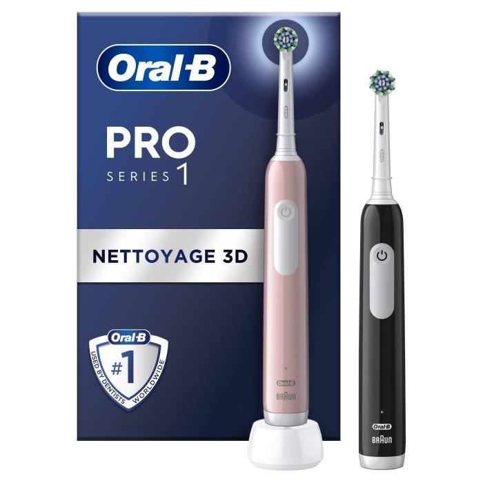 Oral-B Pro Series 1 Pack of Two, Pink and Black Electric Toothbrushes, 2 Brush Heads, Designed by Braun