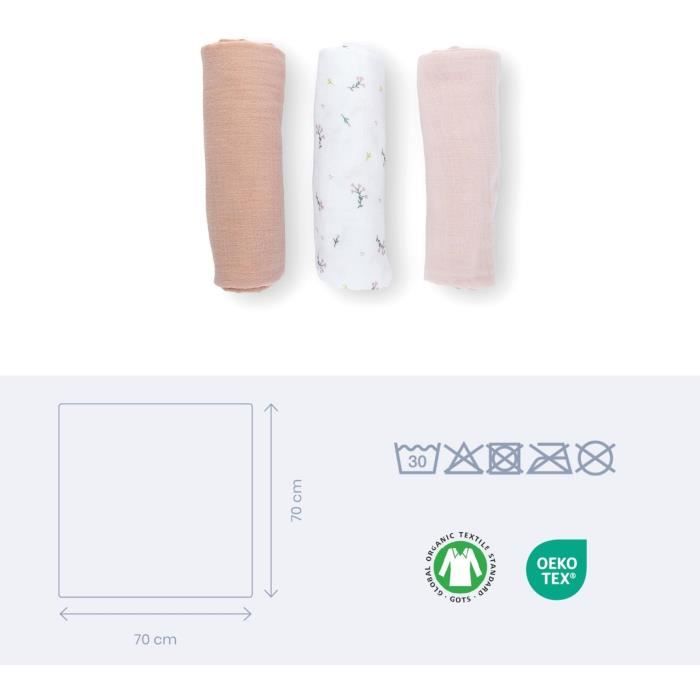Pack of 3 swaddles - DOOMOO - Organic cotton gauze - Oeko-Tex certified - Pink