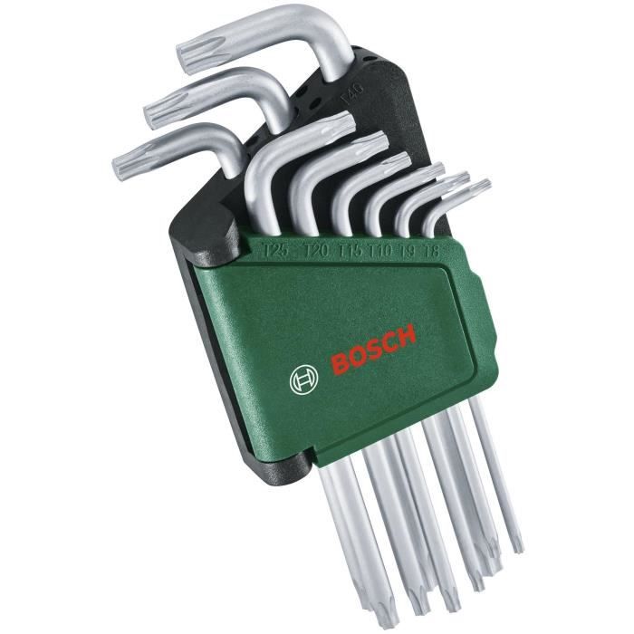 Bosch 9-Piece Torx Key Set (S2 Steel Multi-Keys TX8-TX40 Long Side Rust-Proof Surface, Storage Bar)