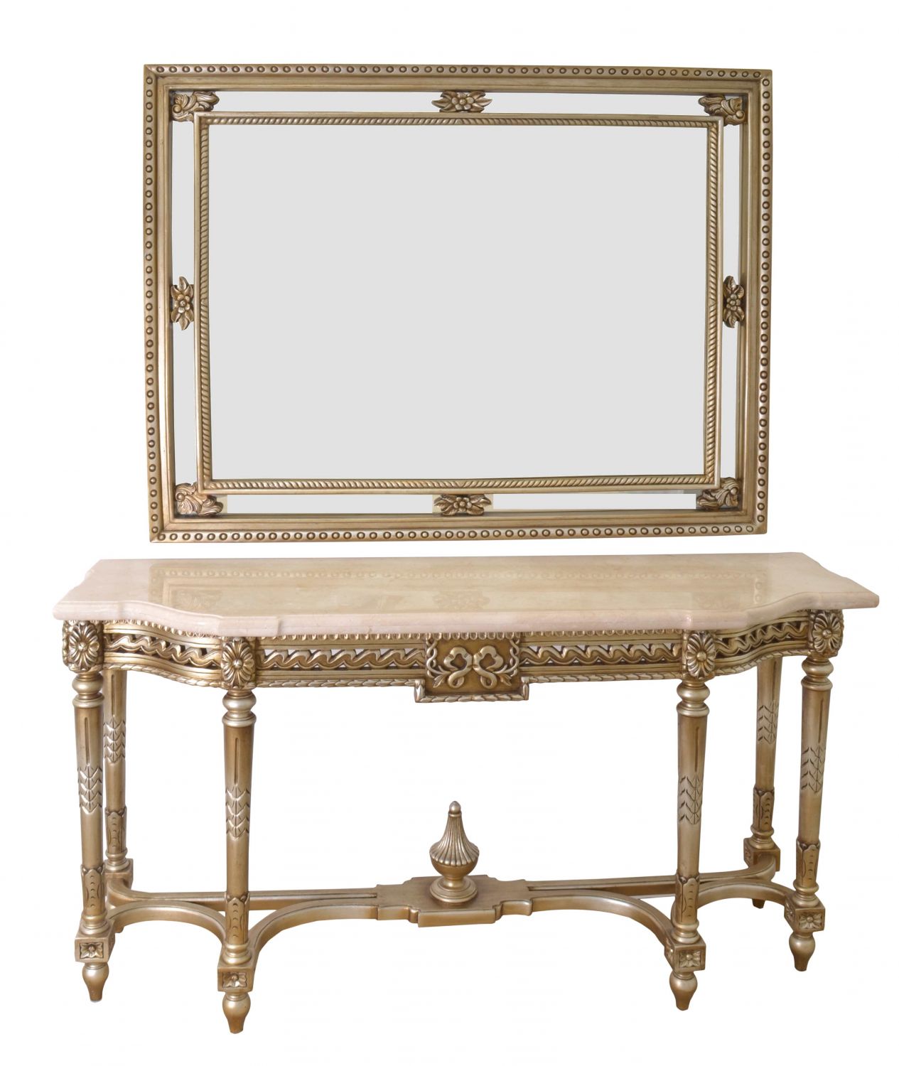 Grand Carved Console and Mirror Set of 2 68"W with Marble Top-Platine