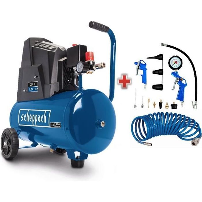Horizontal air compressor Scheppach HC30o - 24L - 110 W - 8 bars (Delivered with a set of 13 accessories)