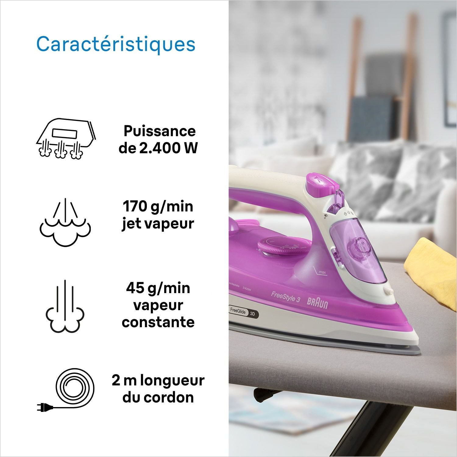 Steam iron FI3124 PU - Power 2400 W - Supercramic sole - 270 ml water tank - Self -cleaning