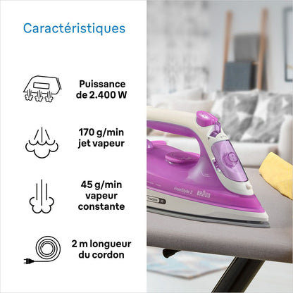 Steam iron FI3124 PU - Power 2400 W - Supercramic sole - 270 ml water tank - Self -cleaning