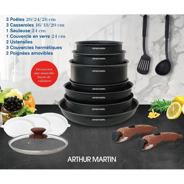 Arthur Martin AM1502 15-piece cookware set - removable wood-effect handle - all heat sources including induction
