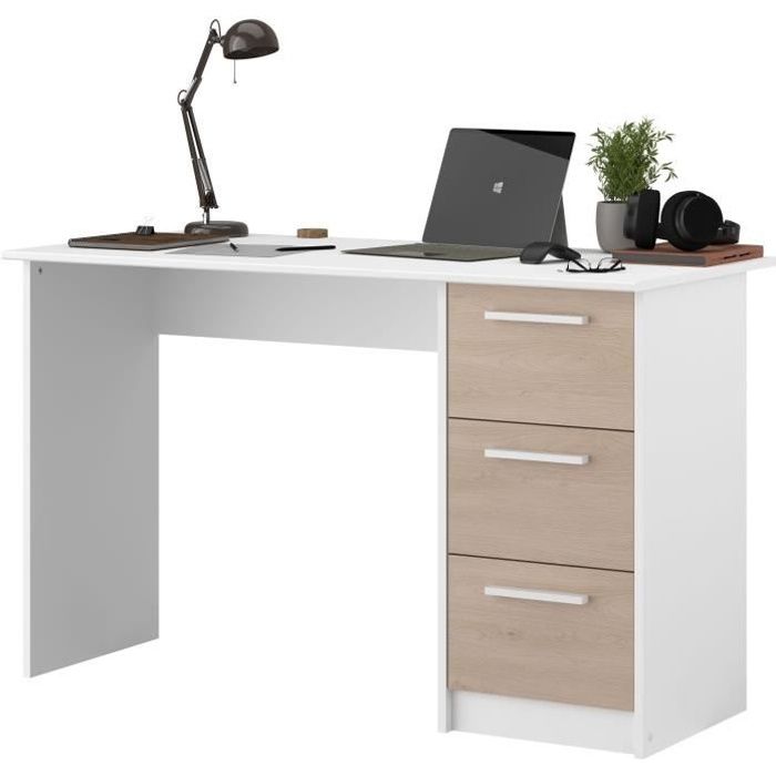 Office essential Parisot 3 drawers - Chene and white decor - L 121.2 x D 55 x H 74.5 cm - Made in France