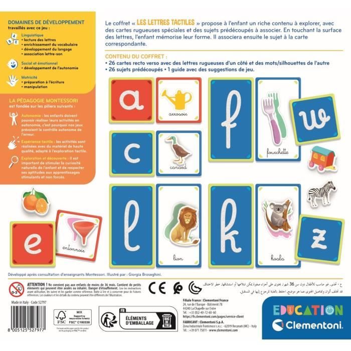 Montessori - Clementoni - Tactile letters - Educational game to learn the alphabet - 26 rough letter cards - Ages 3 and up