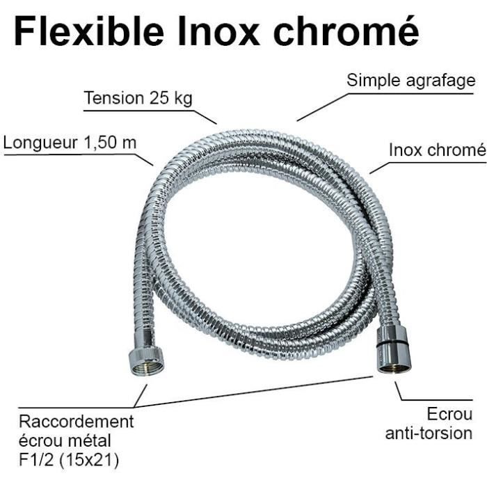 Shower hose - ROUSSEAU - Universal connector - Compact size - Metal nuts - Length 1.50m - Single-grip chrome-plated stainless steel