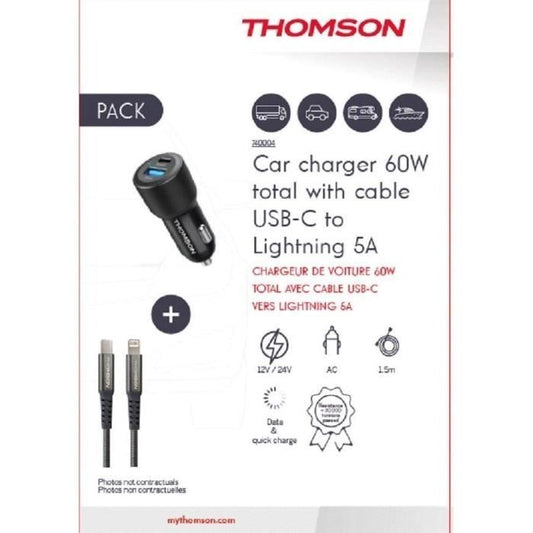 Charger + cable pack - THOMSON - 60 W car charger - C to L 5A cable - Length 1.5 m