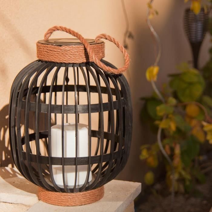 Decorative solar lantern - LUMISKY - FIDJY - H30 cm - Candle effect rope handle - Warm white LED