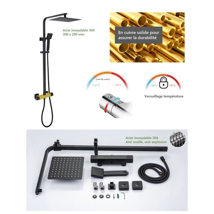 OCEANIC Shower column - Thermostatic mixer - Rectangular high head 30x20 cm - Matt black