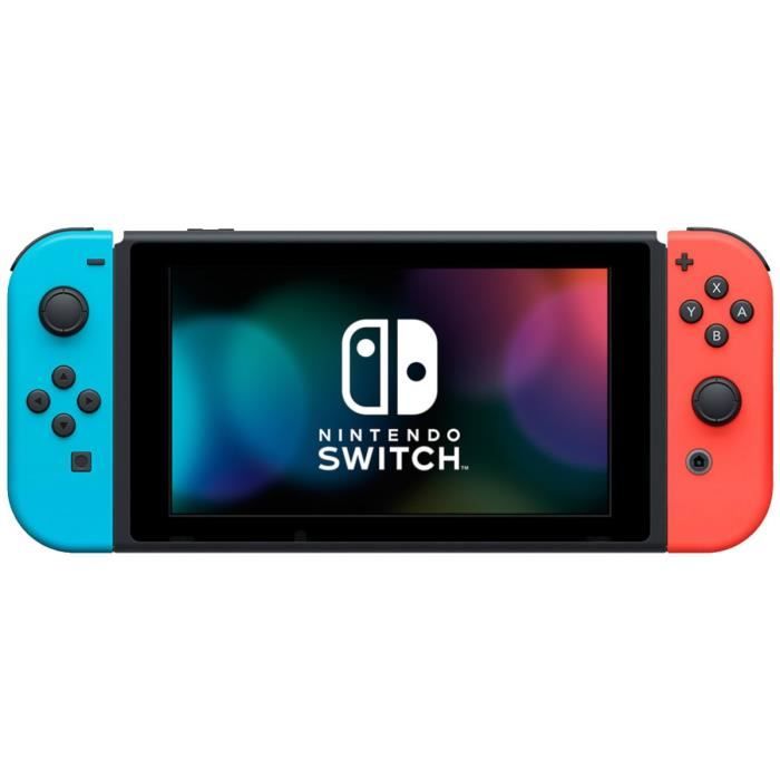 Nintendo Switch console with a neon red joy-con and a neon blue joy-con