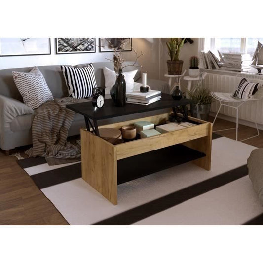 Coffee table - Chene and black decor - liftable - L 100 x D 50 x H 44 cm - Happy