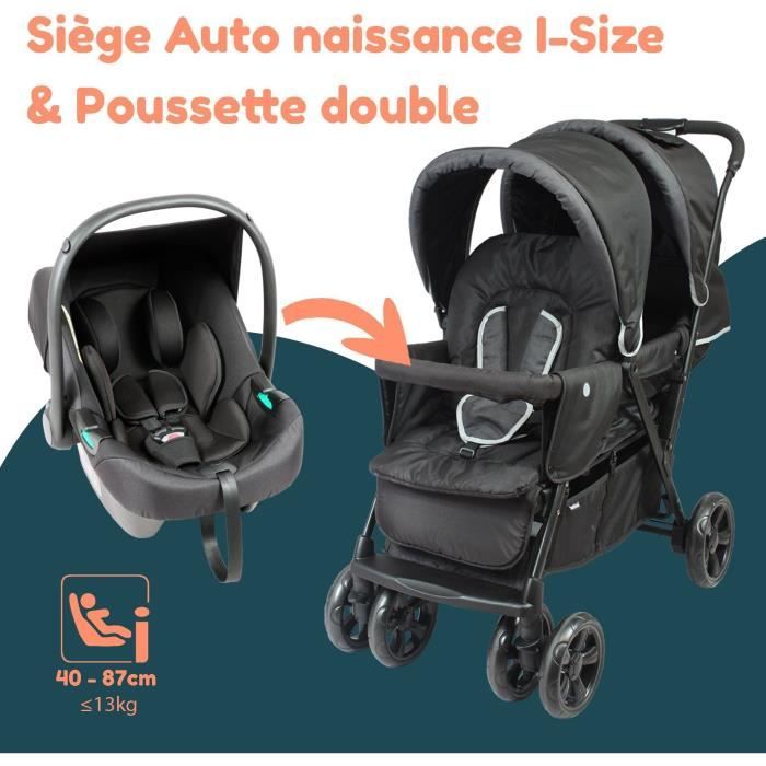 Double twin stroller - BAMBISOL - Combined Double Stroller + I-size Car Seat - 4 wheels - Black