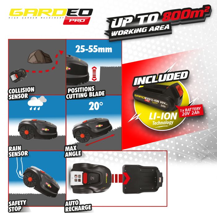 Robot lawn mower - GARDEO - GRO20V20WIFI-2A - 20V - 800m² - Programmable Wifi