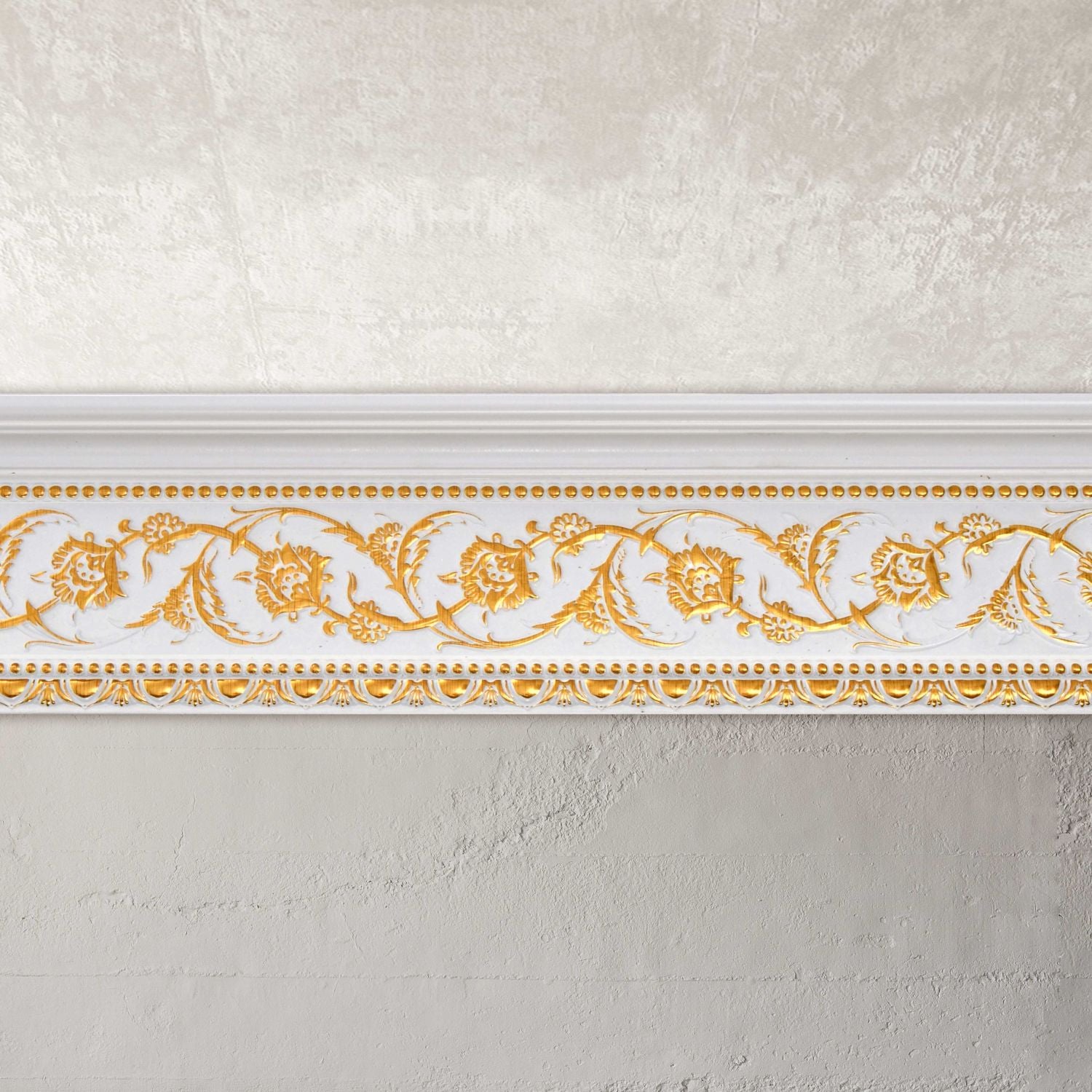 Gold Floral on French White Crown Molding 92 Inch