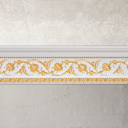 Gold Floral on French White Crown Molding 92 Inch