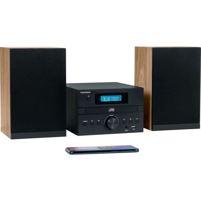Bluetooth Micro-system - THOMSON - Wood/Black - FM/CD/MP3/USB radio, 20W RMS, FM RDS tuner, Headphone jack, Remote control, 230V power supply