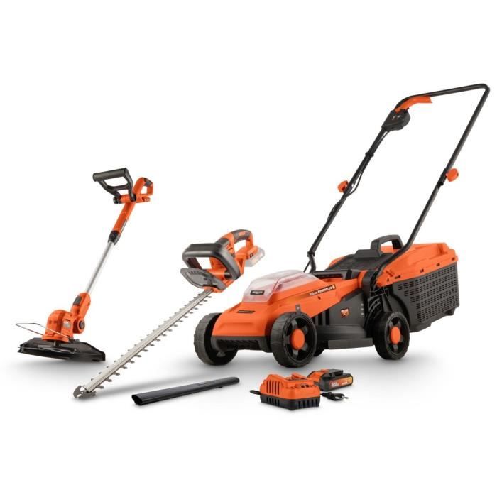 Pack BRUSHLESS 20V lawn mower 33cm cutting length + trimmer + hedge trimmer - DUAL POWER - POWDPGBOX25 - 1 x 20V 3Ah battery + charger