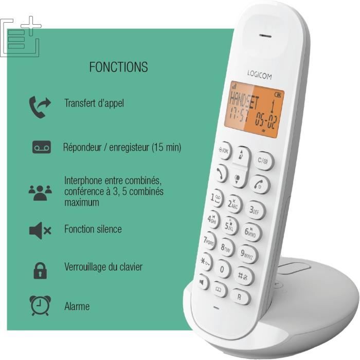 Cordless landline phone - LOGICOM - DECT ILOA 155T SOLO - White - With answering machine