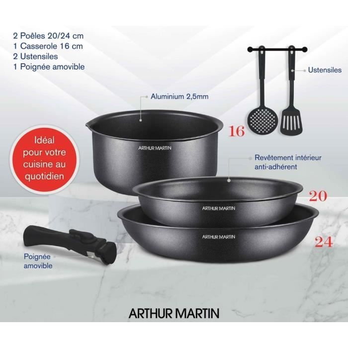 Cookware - All heat sources including induction - Arthur Martin - AM9582 - Aluminum - Non-stick - 6 pieces - Removable handle