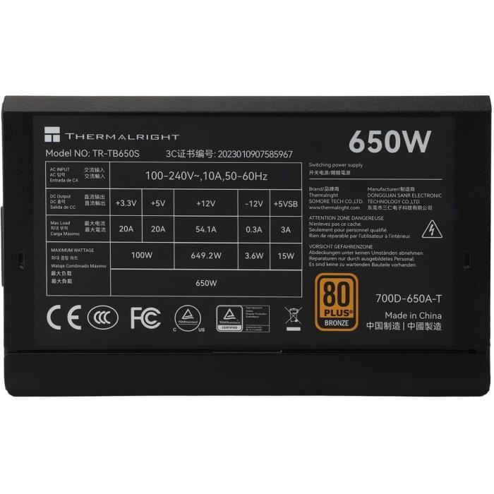 PC Power Supply - THERMALRIGHT - TB650S - 650W - 80+ Bronze - Non-Modular - ATX 3.0 - Black