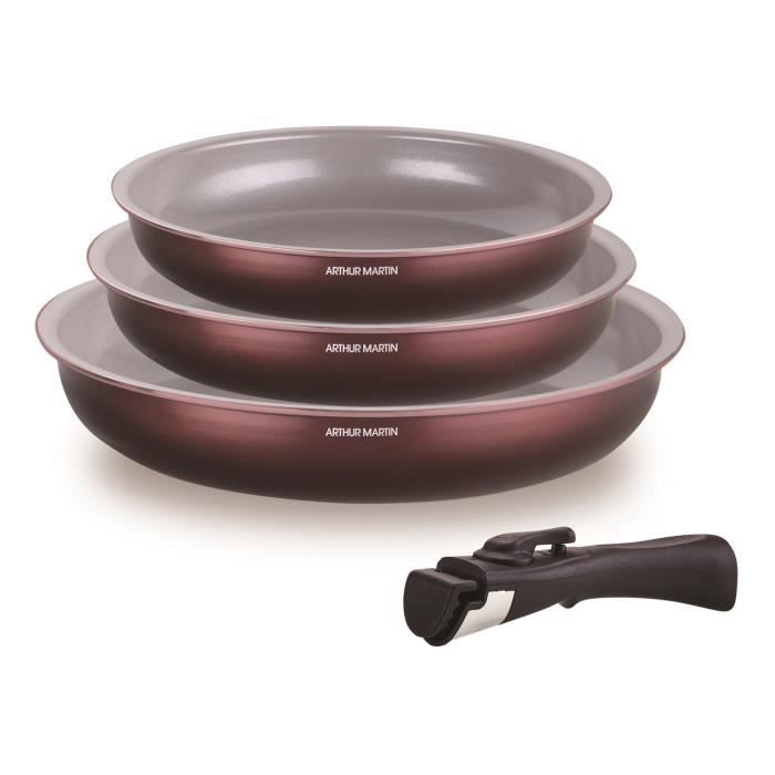 Set of 3 frying pans - ARTHUR MARTIN - AM8866 - All hobs including induction - 20/24/28 cm + 1 handle - Aluminum - Ceramic coating