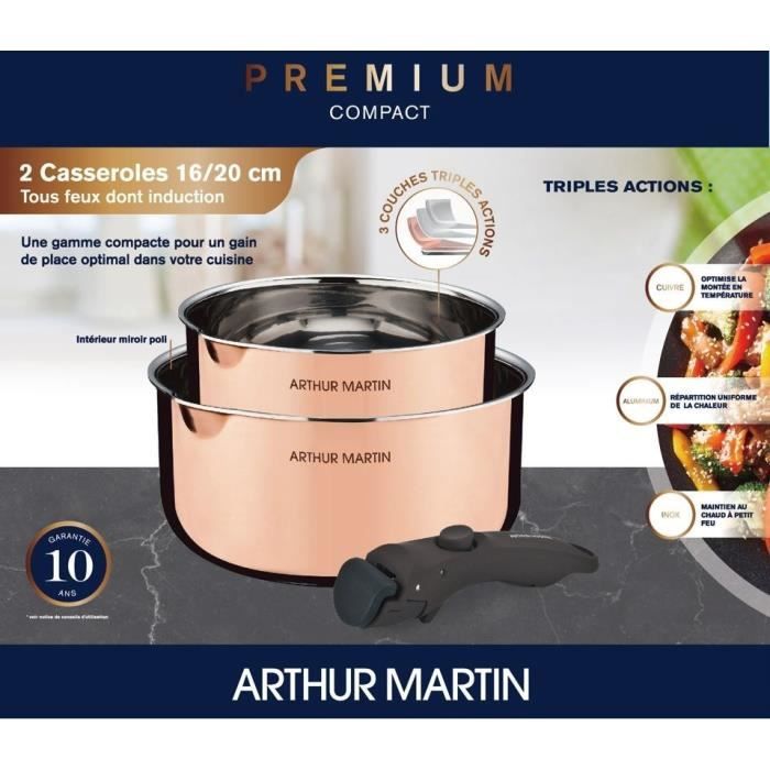 2 saucepans 16-20 cm + 1 handle - ARTHUR MARTIN - AM720GT - 3 layers triple action - All hobs including induction