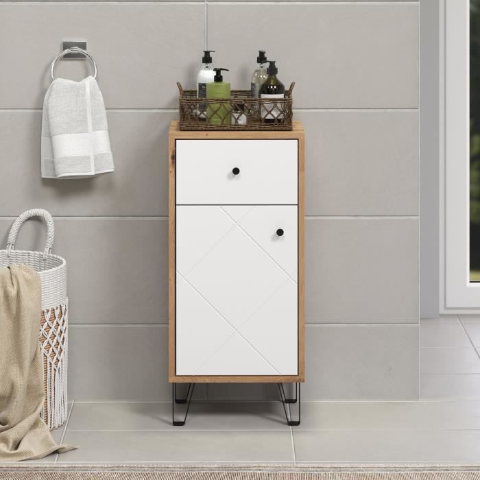 Bathroom furniture - low storage - Oak and white decor - L36 x D29 x H79 cm - TOUCH